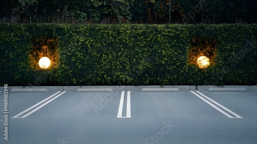 Empty Parking Lot with Green Ivy Wall and Warm Lighting, Urban Scenery with Modern Architectural Design