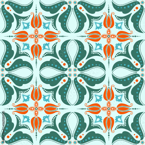 Flower patterns decorated with vintage tiles in blue-green, orange, light blue, beautiful retro designs for decoration and printing.