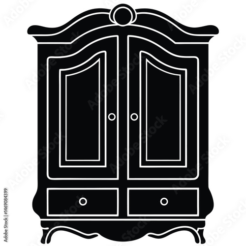 Black silhouette displays vintage armoire cabinet with two doors and two drawers beautifully