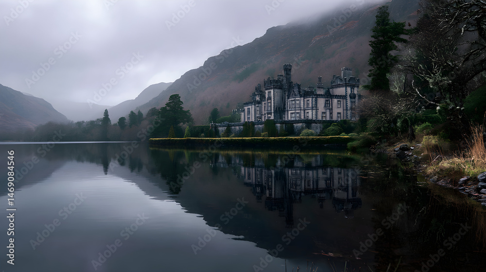Fototapeta premium Castle with gothic architecture reflected in moody lake water