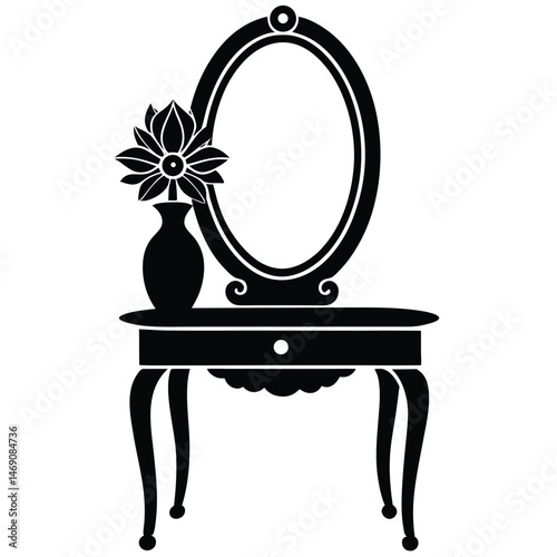 Black silhouette shows a vintage dressing table complete with vase and oval mirror