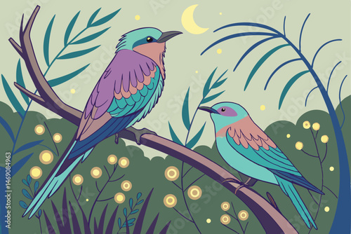 31 two beautiful magical fairy-like birds perched on a branch, detailed and colorful digital art, fantasy, whimsical, captivating, highly detailed, 8k, cinematic lighting, vibrant colors