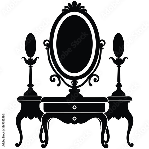 Decorative silhouette features an antique vanity table, oval mirror, and two candlestick holders