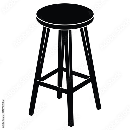 Isolated black threelegged stool with round top and bottom support illustrates a modern seat