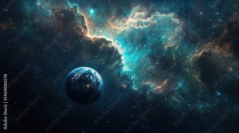 Obraz premium A breathtaking view of Earth set against a cosmic backdrop of vibrant galaxies and swirling clouds in the universe.