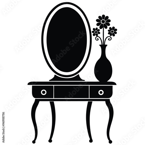 Ornate mirror adorns the vintage table, complemented by a vase of beautiful flowers, all in monochrome