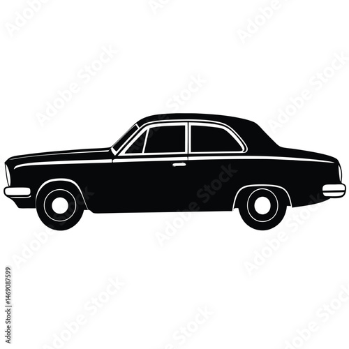 Side view shows a black retro sedan auto with a solid fill