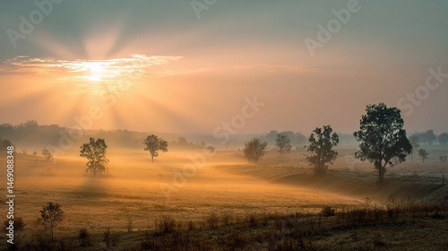 Golden Rays from the Rising Sun Casting a Soft Glow Across Nature