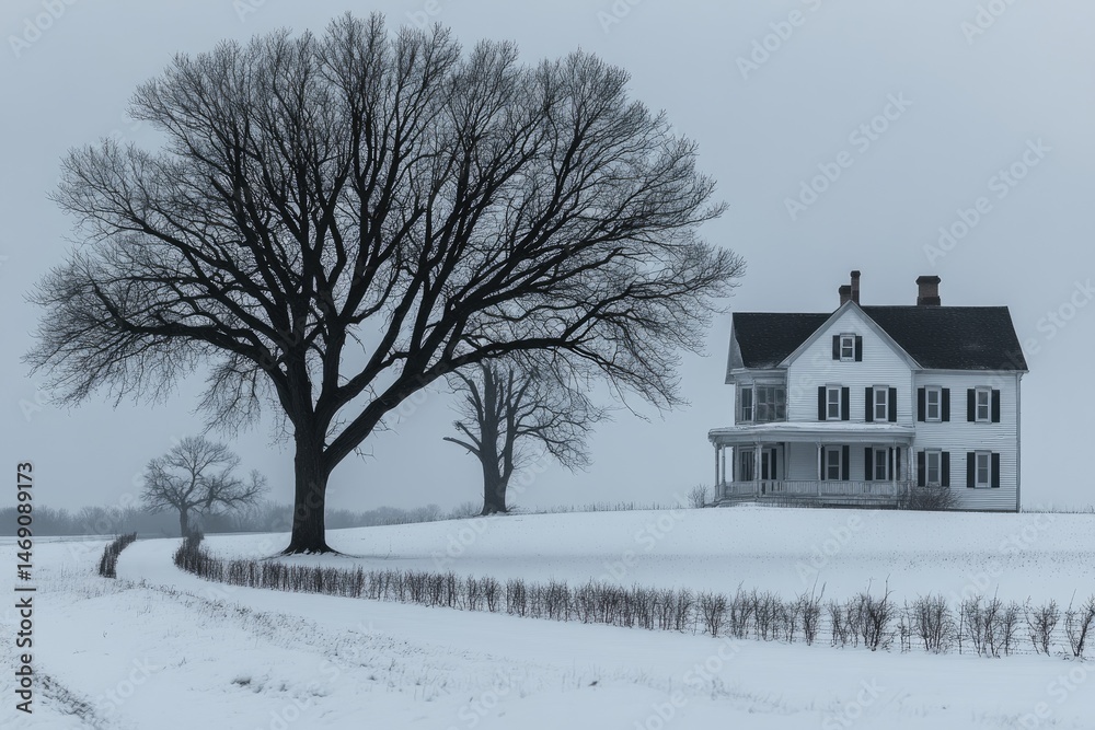 Winter scene of a farmhouse and a large tree Winter scene of a farmhouse and a large tree