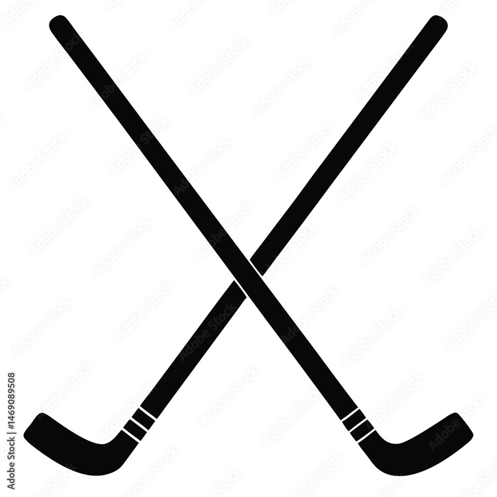 Two black ice hockey sticks form a crisscross shape on a white background Two black ice hockey sticks form a crisscross shape on a white background