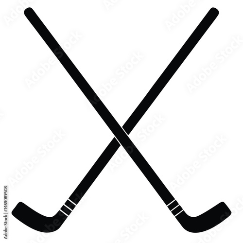 Two black ice hockey sticks form a crisscross shape on a white background