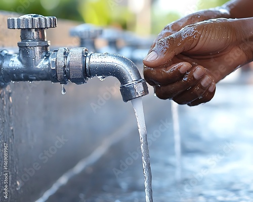 Close-up of hands washing under a public water faucet.
