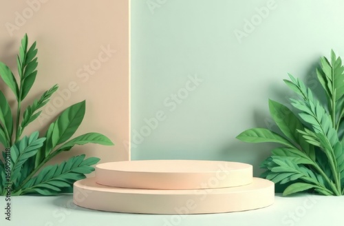 Product banner, podium platform with geometric shapes and green leaves on light green pink background