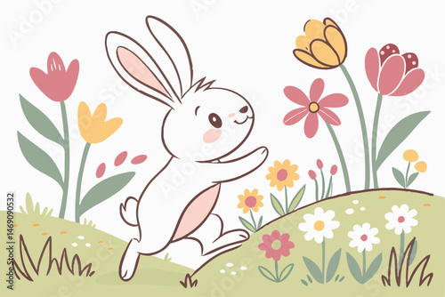 33 cute rabbit,fluffy bunny,white rabbit,spring garden,colorful flowers,easter,whimsical,pastel colors,vector illustration,digital art