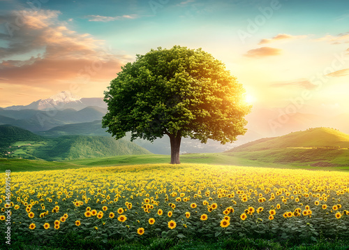Beautiful landscape of dry tree branch and sun flowers field against colorful evening dusky sky use as natural background, backdrop