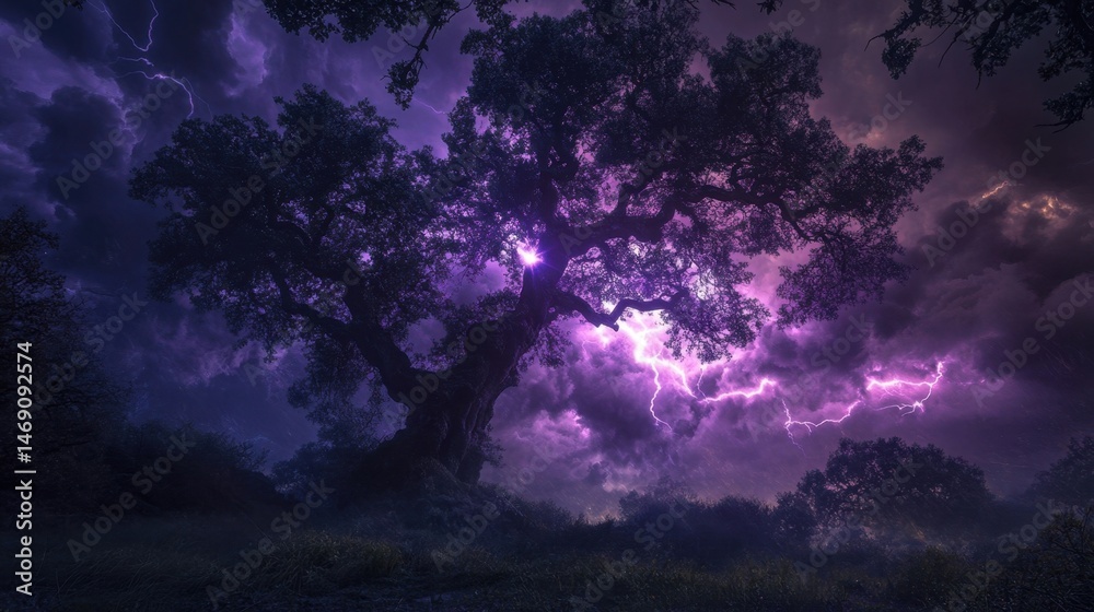Naklejka premium Mysterious Tree Under Stormy Sky: A Beautiful Dark Scene with Glowing Lightning