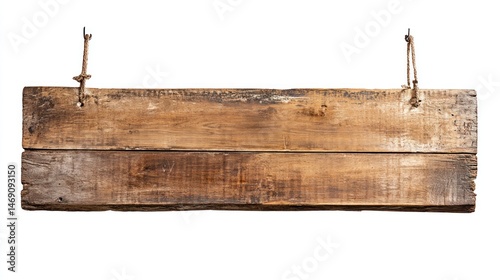 Rustic wooden sign hanging from ropes.  A weathered, light brown plank sign, likely made of reclaimed wood, is suspended by two pieces of twine or rope.  The wood shows signs of age and use
