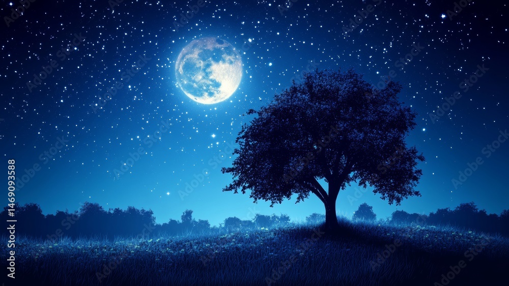 Fototapeta premium Solitary Tree Under Moonlight with Stars in Night Sky