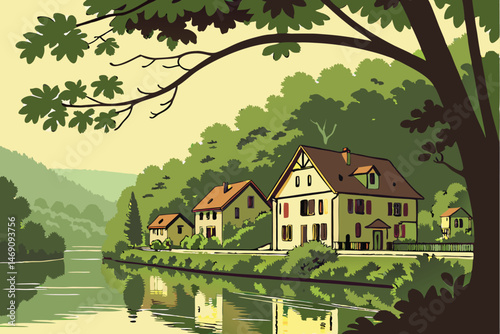 34 a peaceful village on a river surrounded by lush foliage, idyllic landscape, serene atmosphere, beautiful waterfront houses, tranquil waters, realistic, highly detailed, cinematic lighting, digital