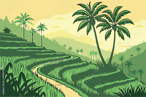45 detailed tropical village with thatched roofs, dirt road, palm trees, colorful flowers, cloudy sky, vibrant colors, intricate details, digital painting, fantasy art style