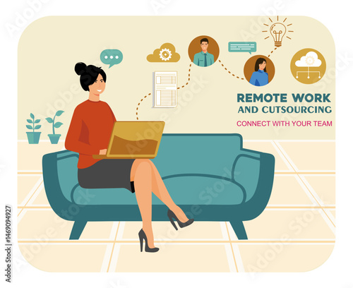Remote Work Collaboration with Woman working from home and connecting with her laptop.
