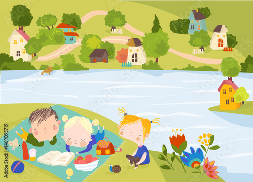 Kids reading Book in Meadow in countryside village surrounded by a garden and trees