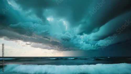Dramatic ocean waves beneath a stormy sky  