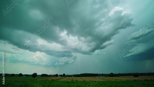 Dramatic overcast sky with storm clouds over green fields  