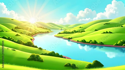 Scenic Landscape with Sunlight Over Green Hills and River  