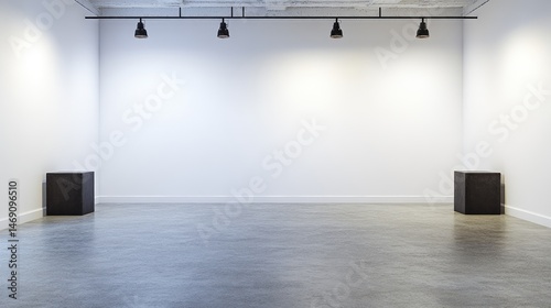 Empty gallery room with spotlights and concrete floor. photo