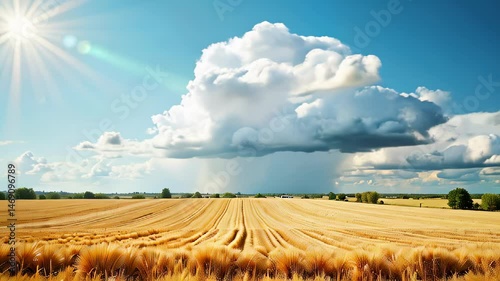 Dramatic clouds forming over golden wheat field under bright sun  