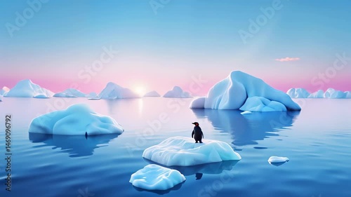 Penguin standing on iceberg at sunset over calm waters  