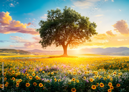 Beautiful landscape of dry tree branch and sun flowers field against colorful evening dusky sky use as natural background, backdrop