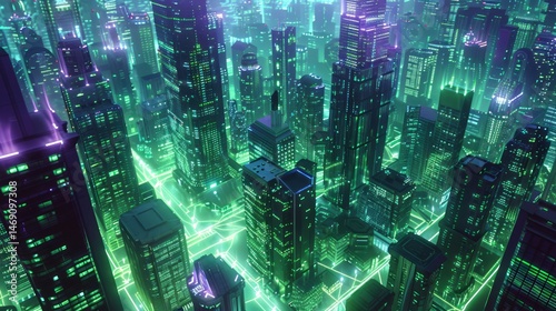 Cyberpunk Cityscape with Green Glow