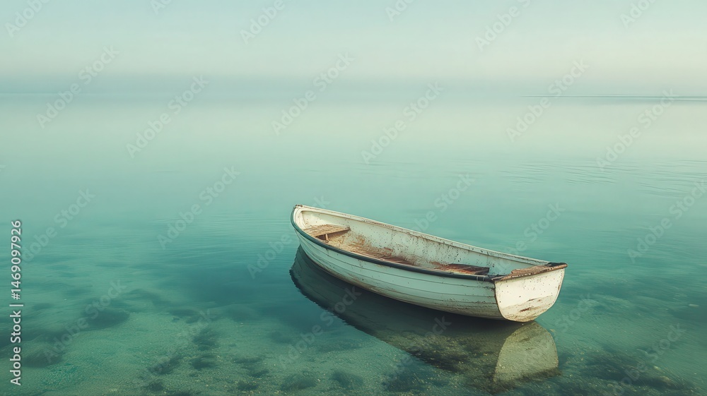 Naklejka premium Abandoned White Boat On Tranquil Turquoise Water