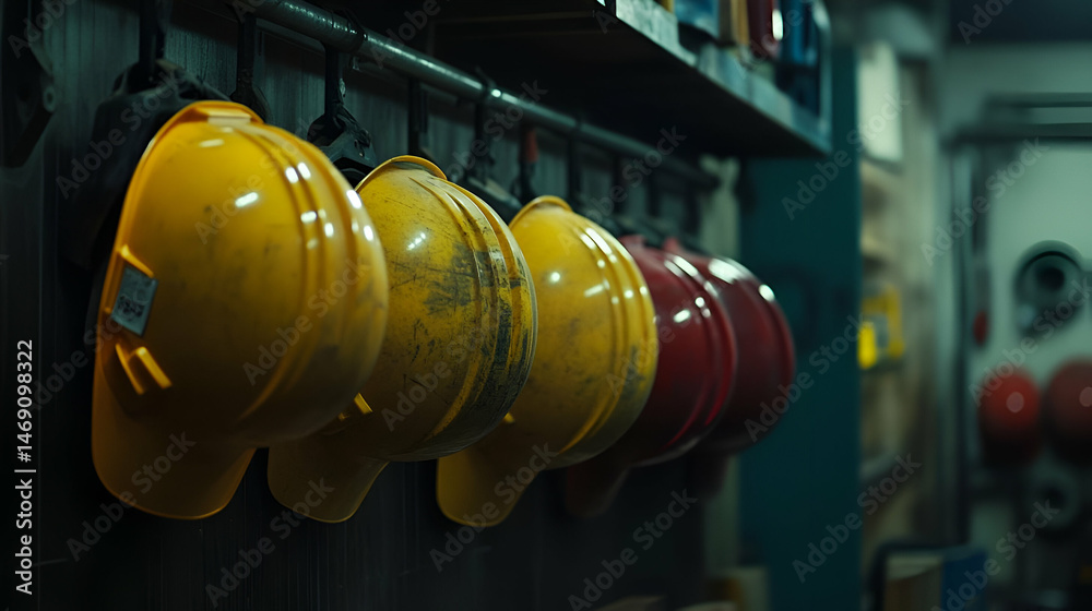 Obraz premium Row of Hard Hats Hanging on a Wall
