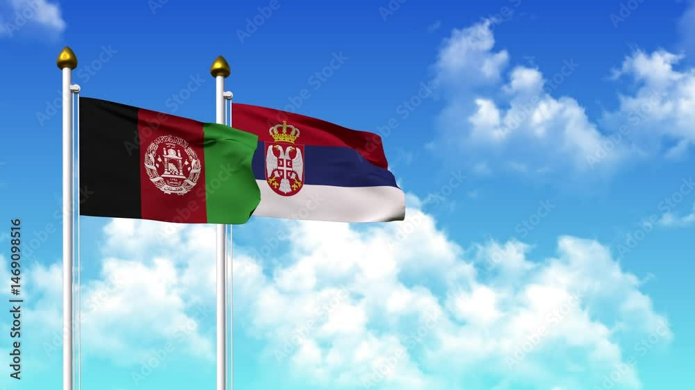 Waving flags of AFGHANISTAN and SERBIA on pole included with alpha channel Waving flags of AFGHANISTAN and SERBIA on pole included with alpha channel