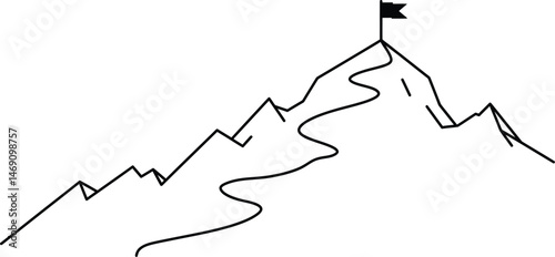Mountain Path to Success: Outlined Trail with Flag