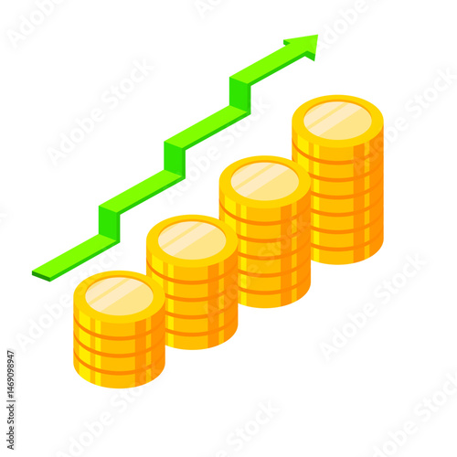 Stack gold coins with upward green arrow representing financial growth, increasing income, profit, successful investment. Perfect for use in business, finance, economic presentations or infographics.