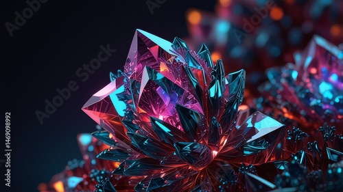 Glowing Crystal Formation with Intricate Facets and Warm Pink Light
