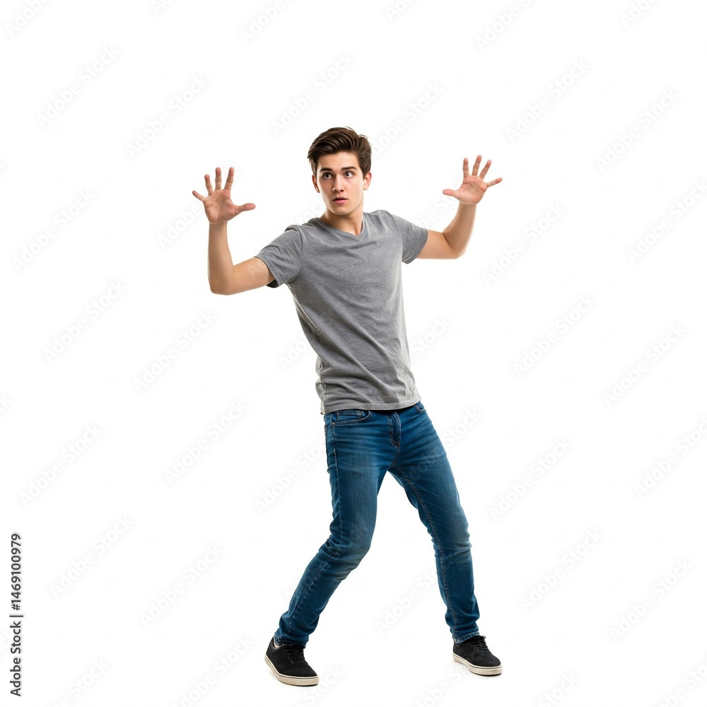 Startled Young Man Reacting with Fear and Raised Hands | Full Body Shot of Surprise, Shock, and Defensive Gesture on White Background
Startled Young Man Reacting with Fear and Raised Hands | Full Body Shot of Surprise, Shock, and Defensive Gesture on White Background
