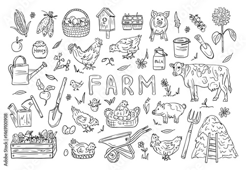 Vector set of hand-drawn illustrations about Farm life, agriculture, cattle breeding, animals, Ecological Products, harvesting. Organic products, Natural food, design of books about agriculture.