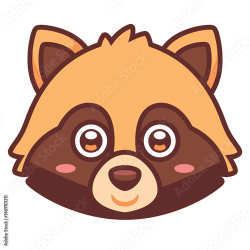 A cute, cartoon raccoon face with big eyes and a sweet smile.