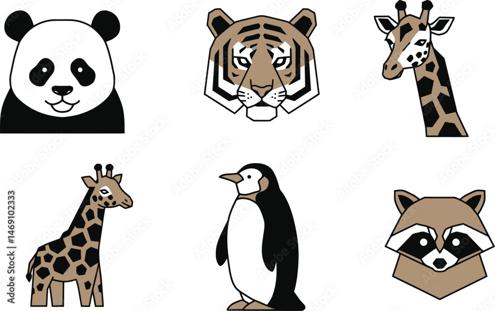 Fototapeta premium Geometric Animal Icons: Panda, Tiger, Giraffe, Penguin, Raccoon