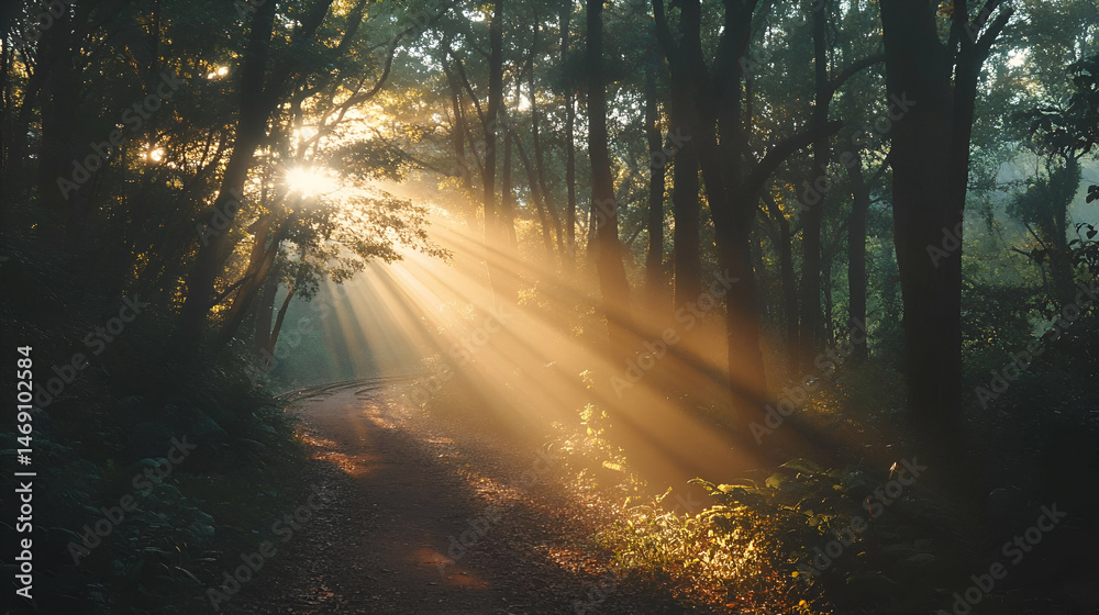 Obraz premium Sunbeams Streaming Through Misty Forest Path