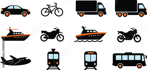 8 Black Transport Icons with Accent Color Wheels
