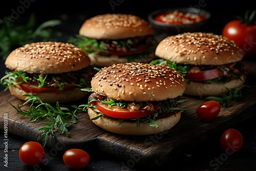 Wallpaper Mural Several gourmet hamburgers arranged on a wooden board. Torontodigital.ca