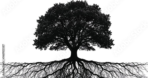 Tree Silhouette with Roots: Growth and Foundation