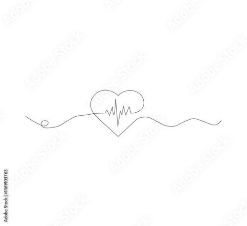 Continuous line drawing of heart with heartbeat. Pulse trace. Cardiogram icon. One line drawing. Vector illustration.