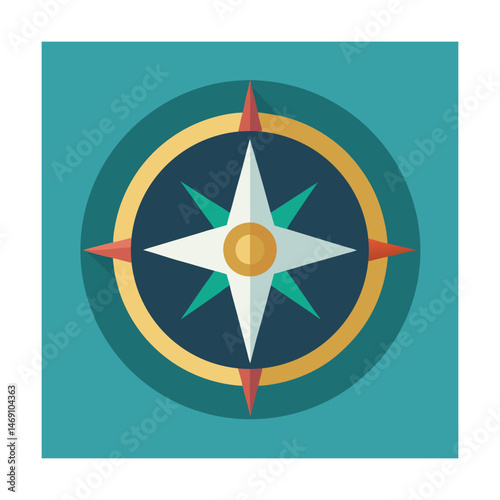 Colorful flat design compass rose icon illustrating navigation direction and adventure